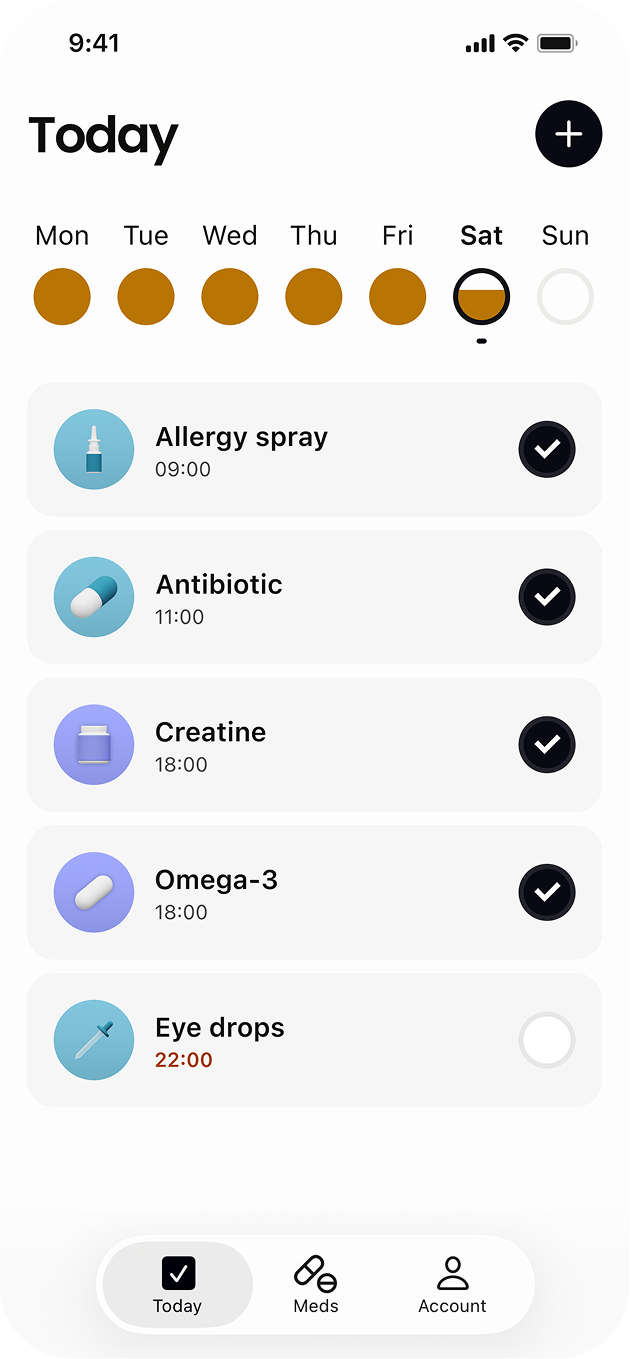 Medsy Today screen showing medication and supplement reminders